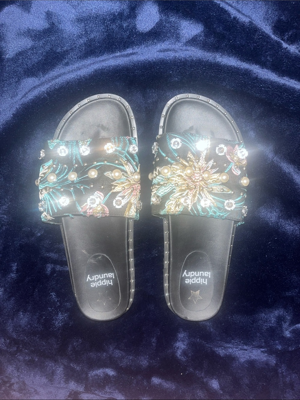 Black Floral Embellished Slide Sandals - hippie laundry